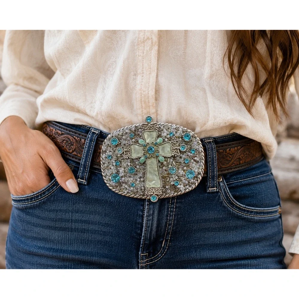 T's Buckin Buckles Cross Belt Buckle Western Christian Cowgirl Blue Rhinestone - Picture 1 of 10